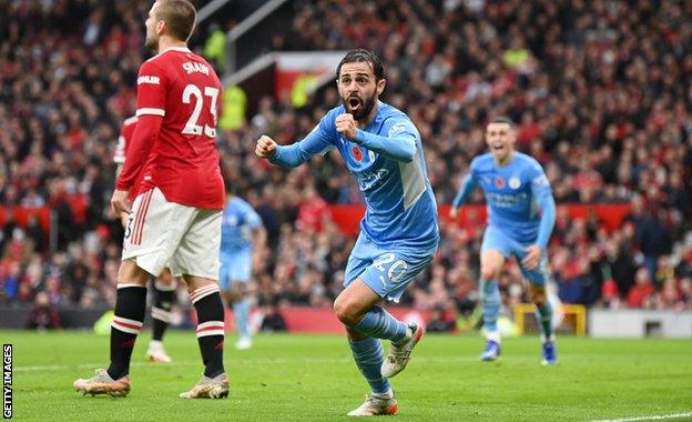 Bernardo Silva celebrates his goal against Manchester United earlier this month