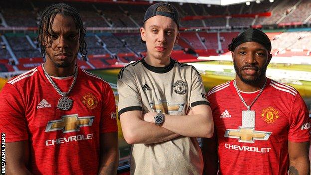 Manchester United fans, Krept, Konan and Aitch at Old Trafford