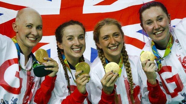 Elinor Barker (second left) was part of Britain's gold-medal winning team pursuit line-up in Rio