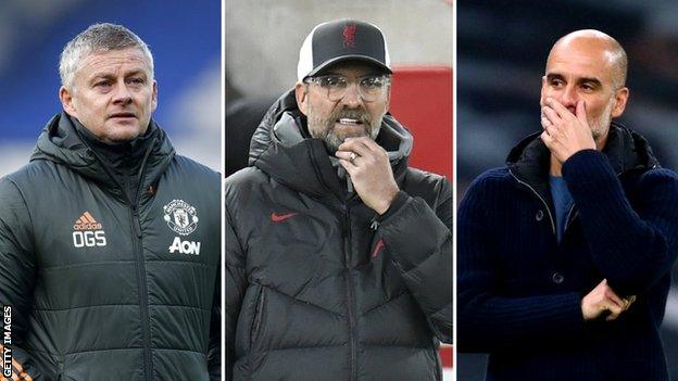 Manchester United boss Ole Gunnar Solskjaer, Liverpool manager Jurgen Klopp and Manchester City boss Pep Guardiola