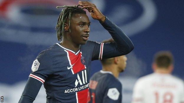 Moise Kean reacts after scoring for Paris St-Germain against Brest in Ligue 1