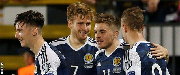 Kieran Tierney, Stuart Armstrong, James Forrest and Leigh Griffiths celebrate