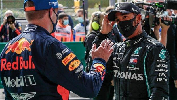 Max Verstappen congratulates Lewis Hamilton at the Belgian Grand Prix