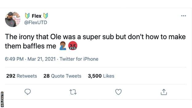 Tweet about Ole Gunnar Solskjaer substitutes.