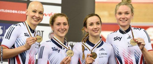 The Team GB Women's pursuit team of Joanna Rowsell Shand, Laura Trott, Elinor Barker and Ciara Horne