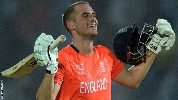 England's Alex Hales celebrates reaching his century against Sri Lanka