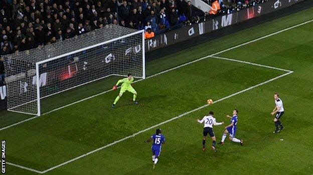 Dele Alli scores the first of his two headed goals in Tottenham's 2-0 win over Chelsea in January