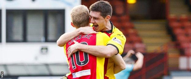 Kris Doolan and Chris Erskine of Partick Thistle celebrate a goal