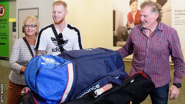 Cricketer Ben Stokes arrives in New Zealand to be greeted by his parents