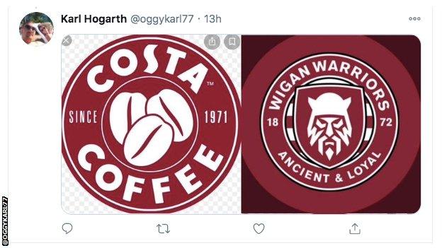 Split screen. Left: Costa Coffee logo. Right: New Wigan Warriors logo