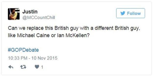 Tweet reading: "Can we replace this British guy with a different British guy, like Michael Caine or Ian McKellen?"