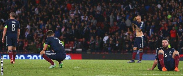 The Scotland players look crushed by Poland's equaliser at the end of injury time