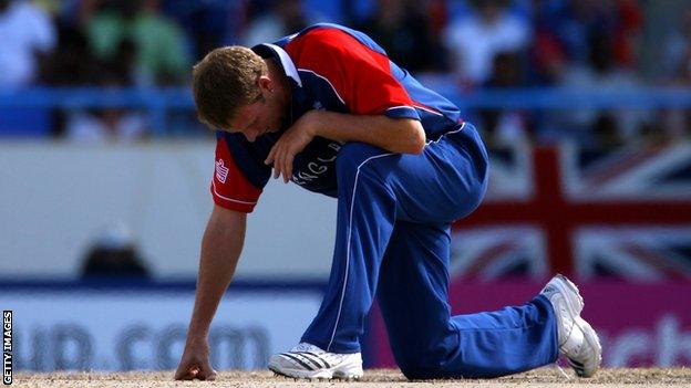 England's Andrew Flintoff looks dejected during a match against Australia at the 2007 Cricket World Cup