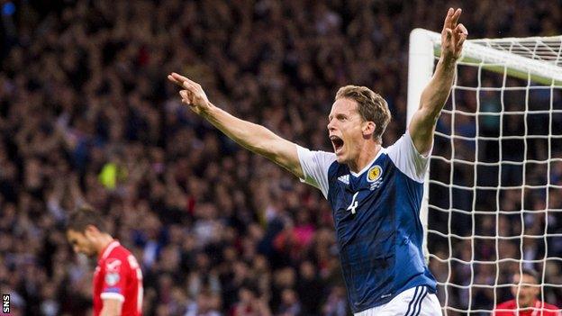 Scotland's Christophe Berra celebrates scoring against Malta