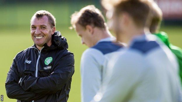 Celtic manager Brendan Rodgers enjoys a laugh at training