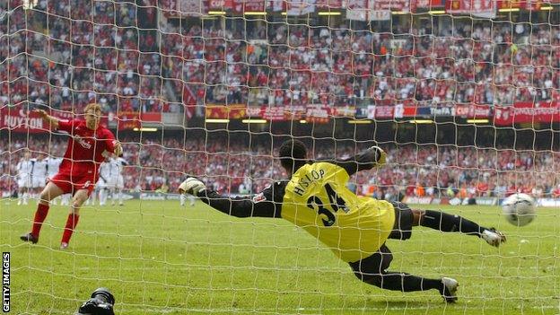 John Arne Riise of Liverpool scores a penalty past West Ham's Shaka Hislop in the 2006 FA Cup final