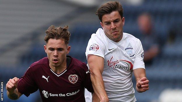 Hearts' Sam Nicholson and Andy Little while the latter was with Preston North End