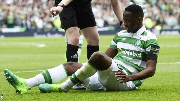 Moussa Dembele after injuring his hamstring in Celtic's Scottish Cup semi-final victory over Rangers