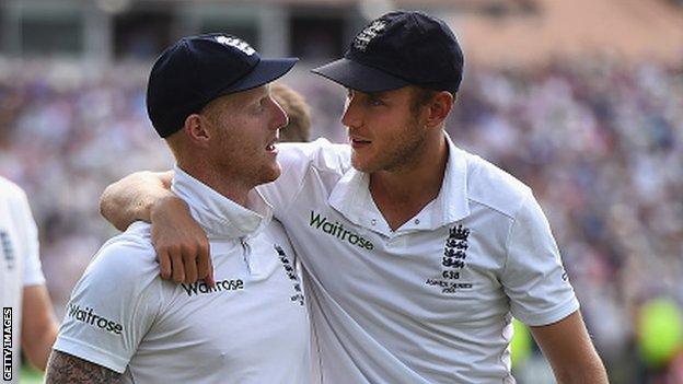 Ben Stokes (left) and Stuart Broad celebrate winning the Ashes during day three of the fourth Test between England and Australia at Trent Bridge on August 8, 2015 in Nottingham.