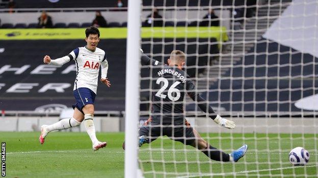 Tottenham forward Son Heung-min scores in the 3-1 defeat by Manchester United