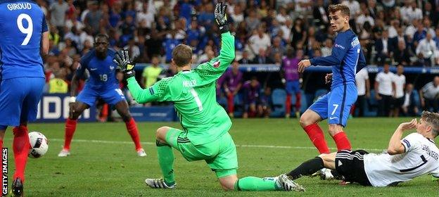 Antoine Griezmann scores in the Euro 2016 semi-final