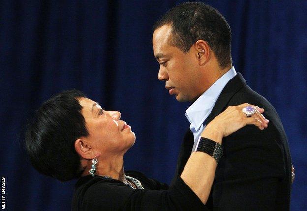 Tiger Woods with his mother Kultida Woods after making a statement from the Sunset Room on the second floor of the TPC Sawgrass, home of the PGA Tour on February 19, 2010 in Ponte Vedra Beach, Florida. Woods publicly admitted to cheating on his wife Elin Nordegren but maintained that the issues remain "a matter between a husband and a wife." (Photo by Joe Skipper-Pool/Getty Images)