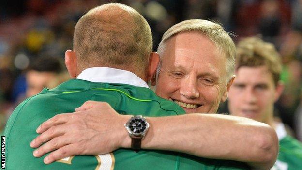 Ireland coach Joe Schmidt hugs captain Rory Best after Saturday's 26-20 win over South Africa