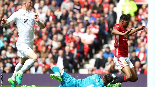 Marcus Rashford goes down under the challenge of Lukasz Fabianski