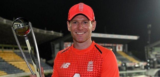 England captain Eoin Morgan collected the trophy after winning the series 3-1