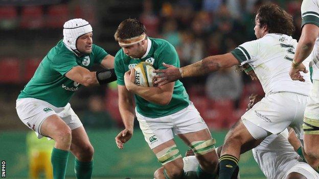 Forwards Rory Best and Iain Henderson attempt to gain ground for Ireland