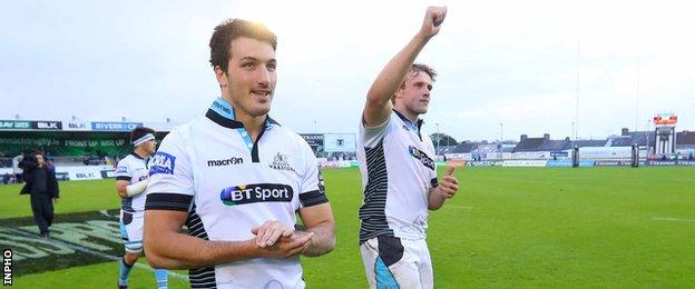 Glasgow wing Leonardo Sarto and co-captain Jonny Gray celebrate victory at Connacht