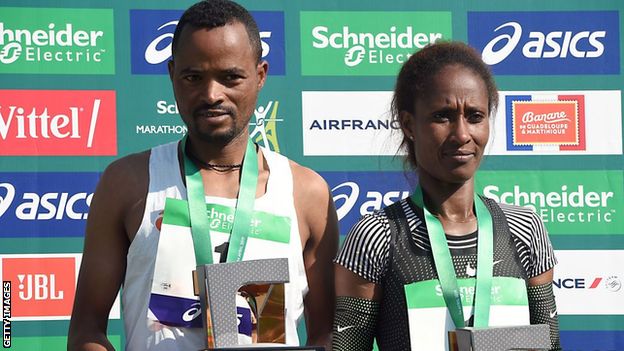 Abrha Milaw and Gelete Burka on the 2019 Paris Marathon podium