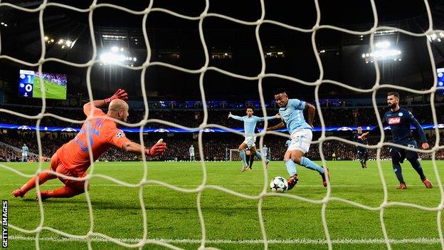 Gabriel Jesus scores Manchester City's second goal against Napoli