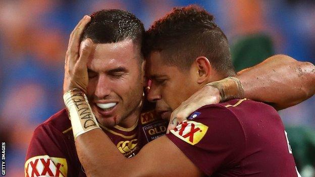 Dane Gagai celebrates with Darius Boyd