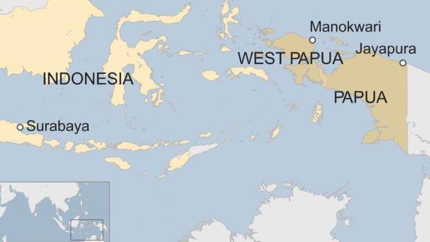 A map showing the location of West Papua and Papua