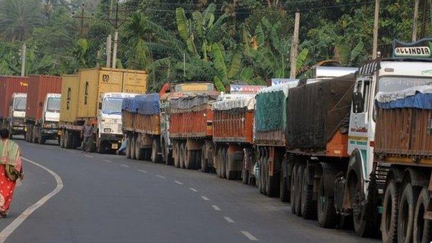 Indian supply trucks queue up at the India Nepal border