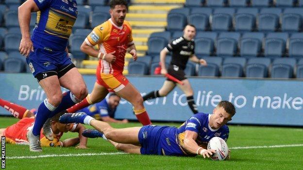 Leeds winger Ash Handley's two tries took his haul for the season to 19 - just two behind the league's top scorer Niall Evalds