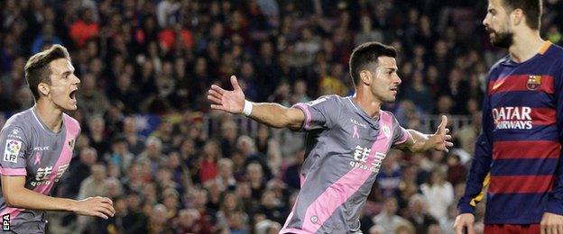 Javi Guerra celebrates scoring for Rayo Vallecano at Barcelona