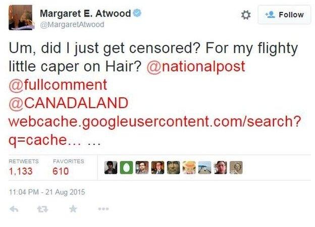 Margaret Atwood's tweet that reads: "Um, did I just get censored? For my flighty little caper on Hair?"