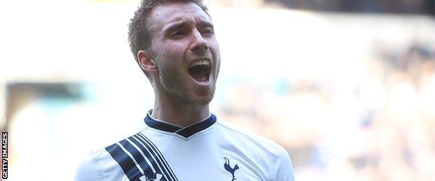 Tottenham's Christian Eriksen celebrates scoring against Sunderland