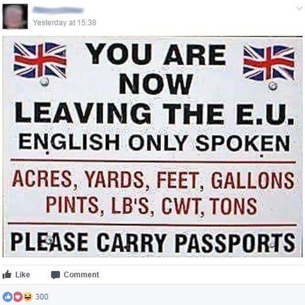 Post on a pro-Brexit group, citing traditional British measurements