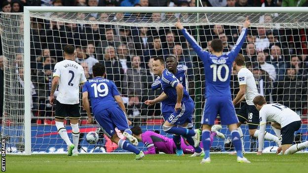 John Terry scores for Chelsea in the 2015 League Cup final against Tottenham at Wembley