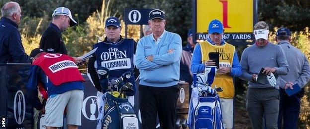 Colin Montgomerie prepares to tee off at the first hole