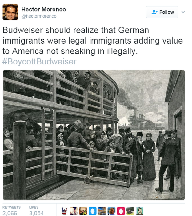 Tweet by hector morenco: Budweiser should realise German immigrants were legal adding value to America not sneaking in illegally