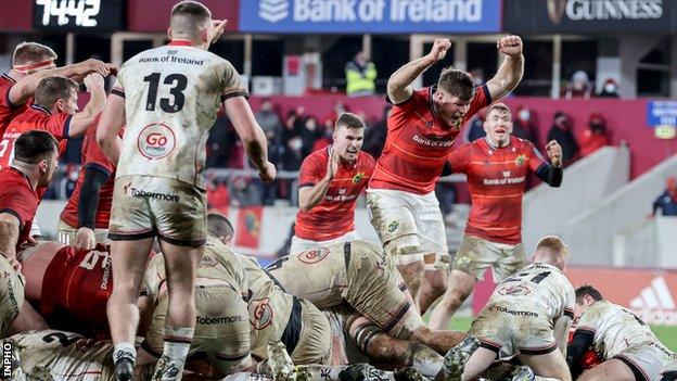 Alex Kendellen scores the game winnin try for Munster against Ulster