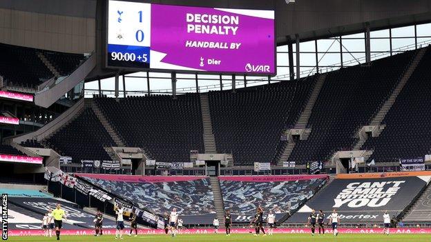 Big screen at Tottenham confirming a penalty has been awarded via VAR for handball