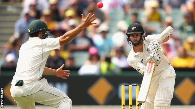 New Zealand batsman Kane Williamson defends the pink ball