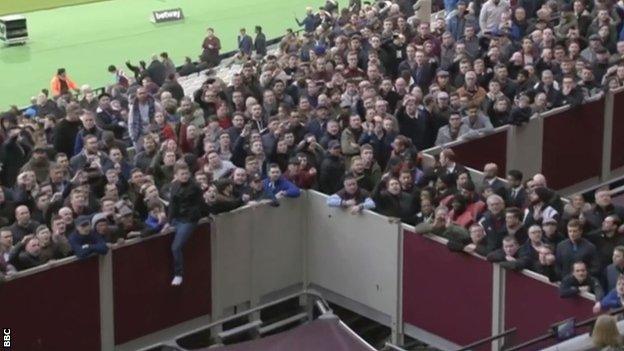 West Ham fans vent their anger towards the directors' box during the defeat by Burnley at London Stadium