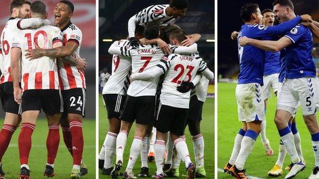 Sheffield United (left), Manchester United (centre) and Everton (right) players celebrate after scoring