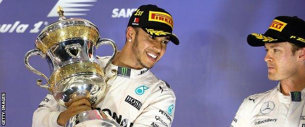 Lewis Hamilton holds the trophy for first place in the Bahrain grand prix in 2015